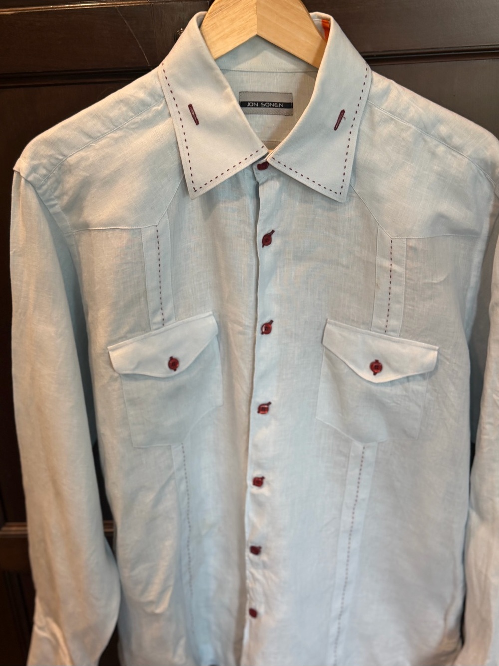 Jon Sonen Premium Linen Guayabera Shirt White Red Contrast Stitch Men's L
